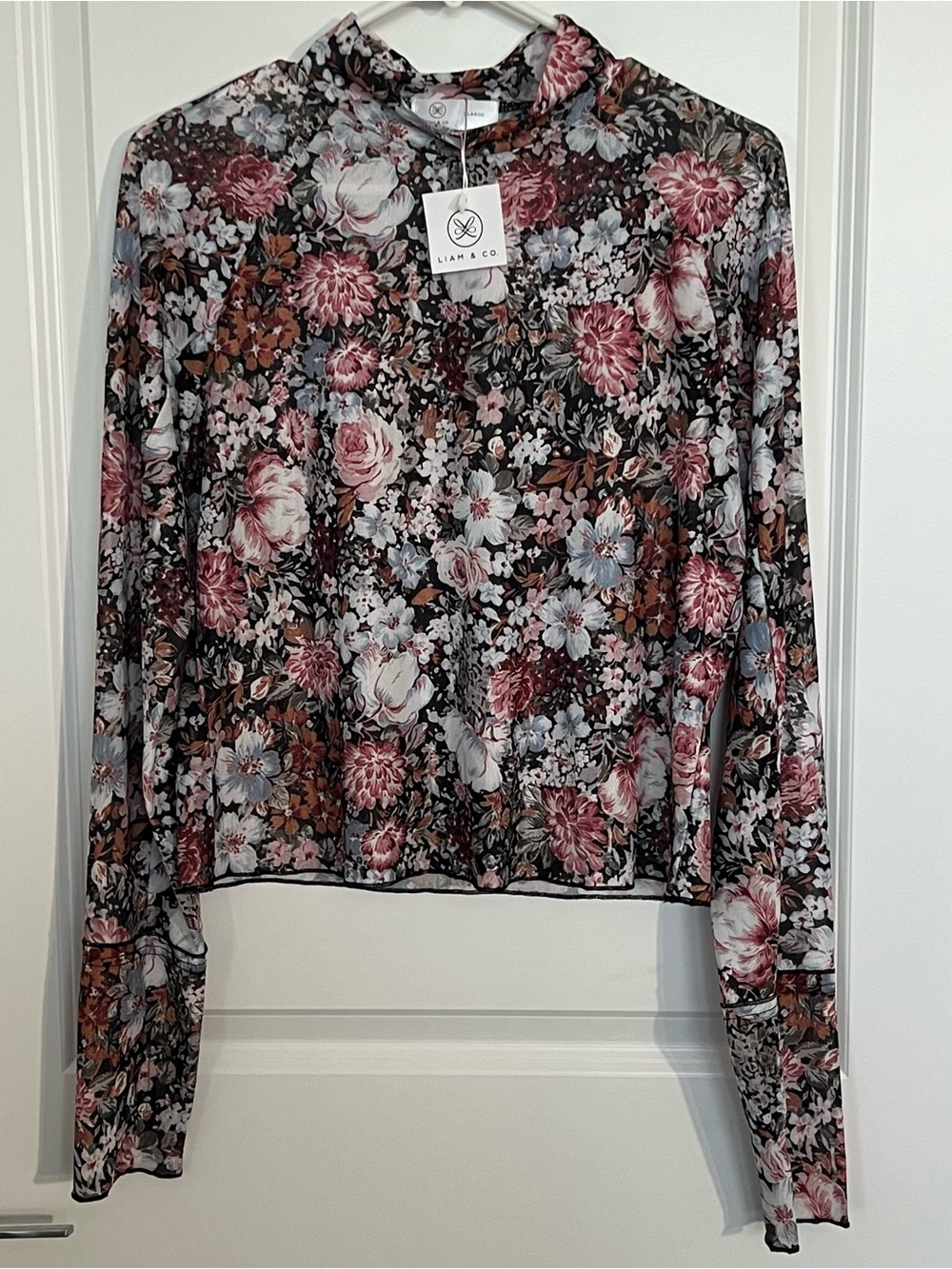 NWT Liam & Co Floral Long-Sleeve Mesh Top in Rose and Black XL